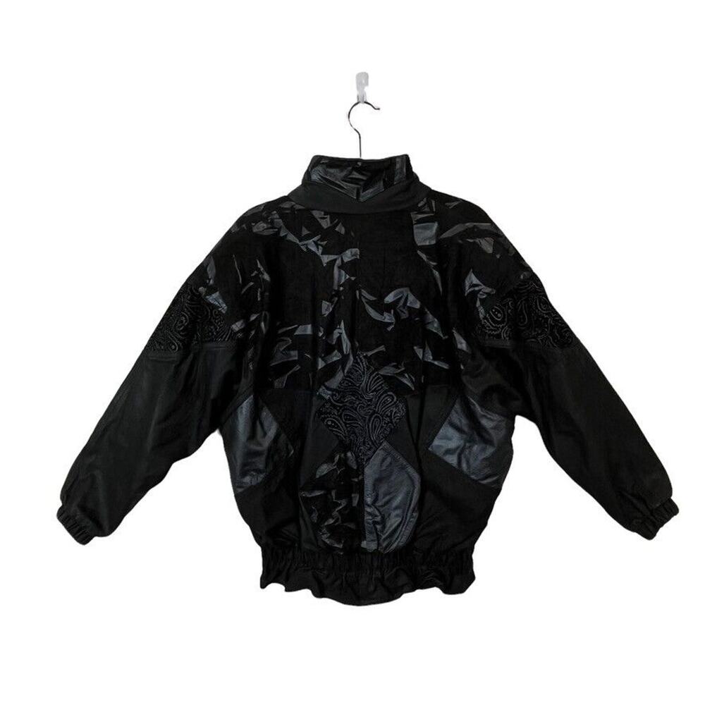 80s Patchwork Leather Jacket Black Oversized Wome… - image 8